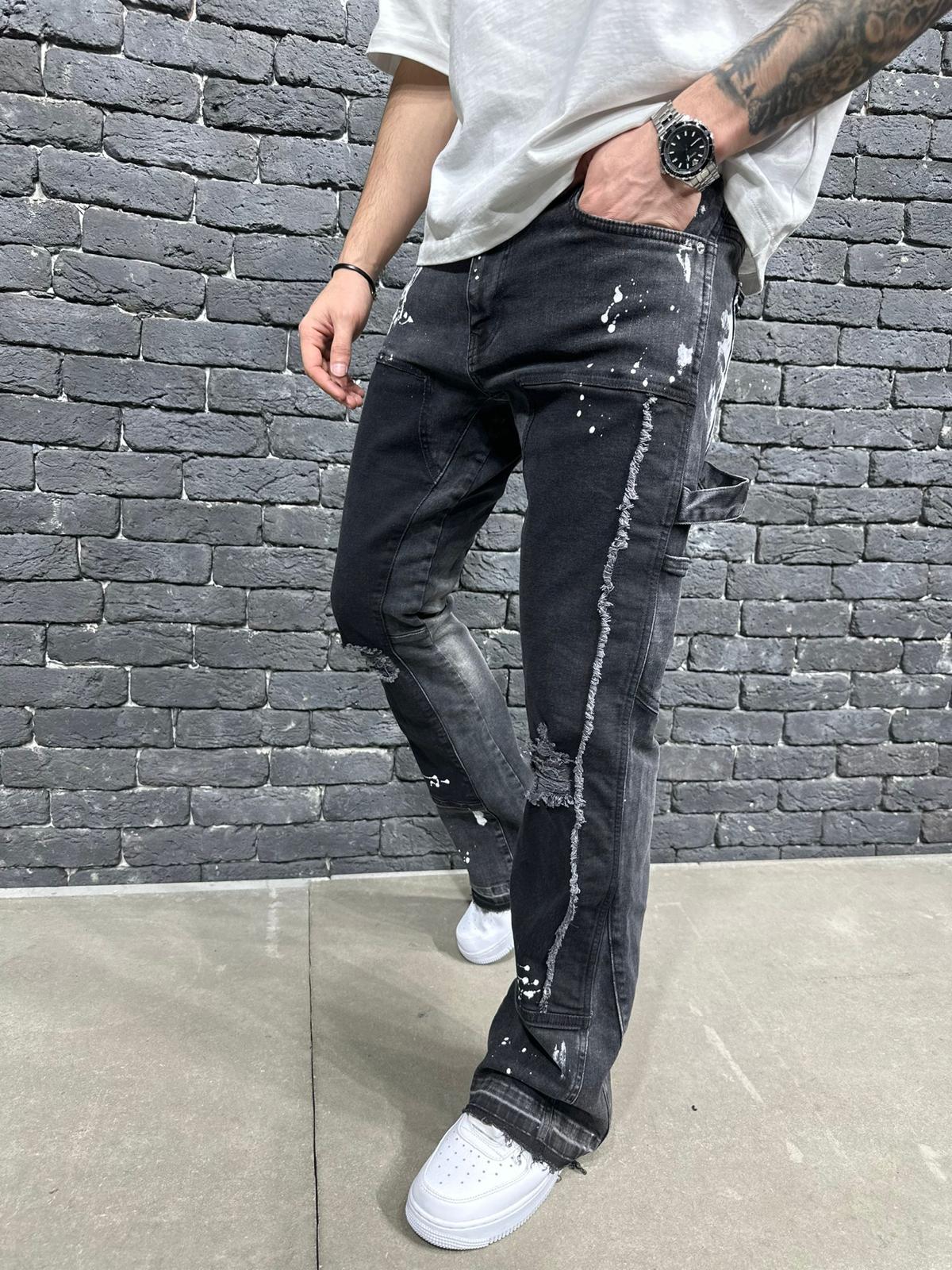Jeans Flare Noir Destroyé Paint Splatter — B9161
