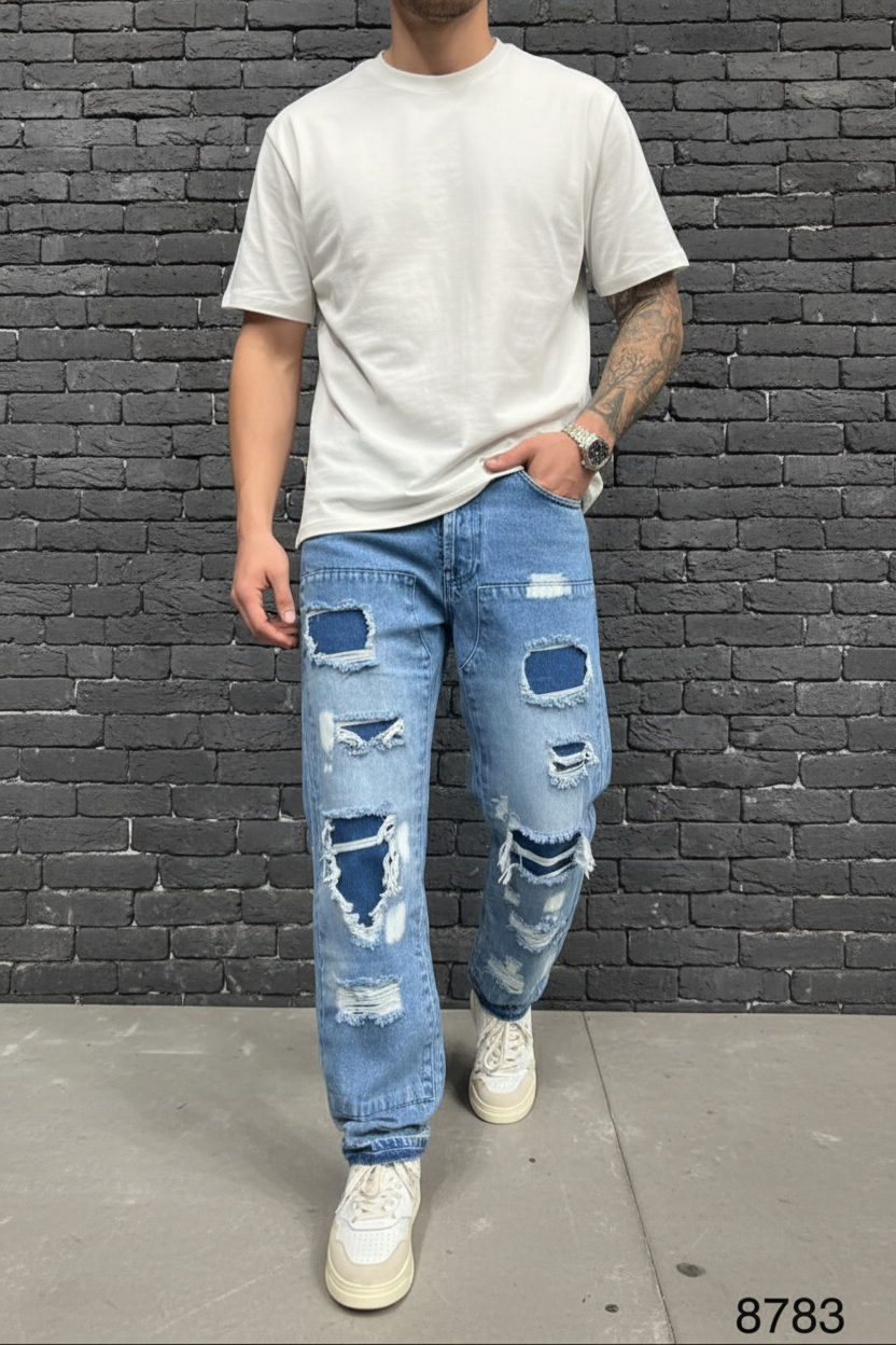 Jean Baggy Blue Patchwork — B8783