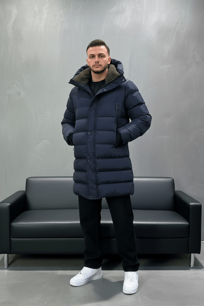 Doudoune Longue Bleu Marine avec Col Sherpa vert 1150 - ZG PREMIUM