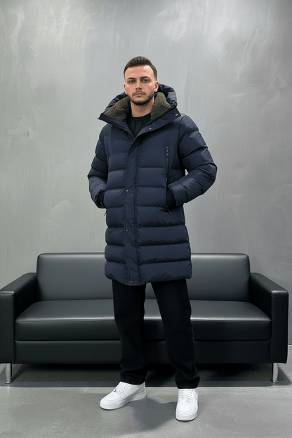 Doudoune Longue Bleu Marine avec Col Sherpa vert 1150 - ZG PREMIUM