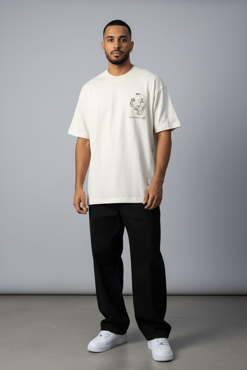 T-Shirt beige Oversize "Van Gogh" – Broderie Artistique Navy 5089 - ZG PREMIUM