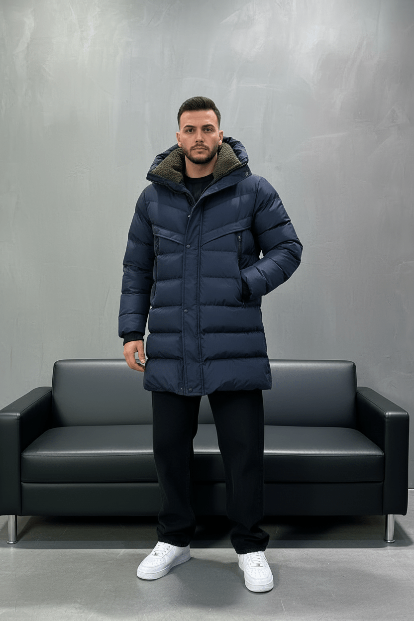 Doudoune Longue Bleu Marine avec Col Sherpa vert 1150 - ZG PREMIUM