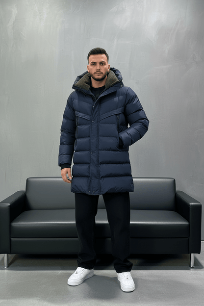 Doudoune Longue Bleu Marine avec Col Sherpa vert 1150 - ZG PREMIUM