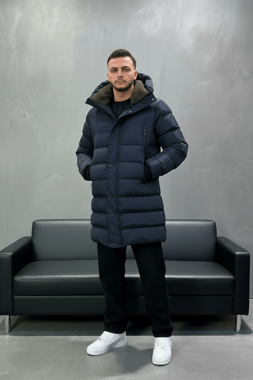 Doudoune Longue Bleu Marine avec Col Sherpa vert 1150 - ZG PREMIUM