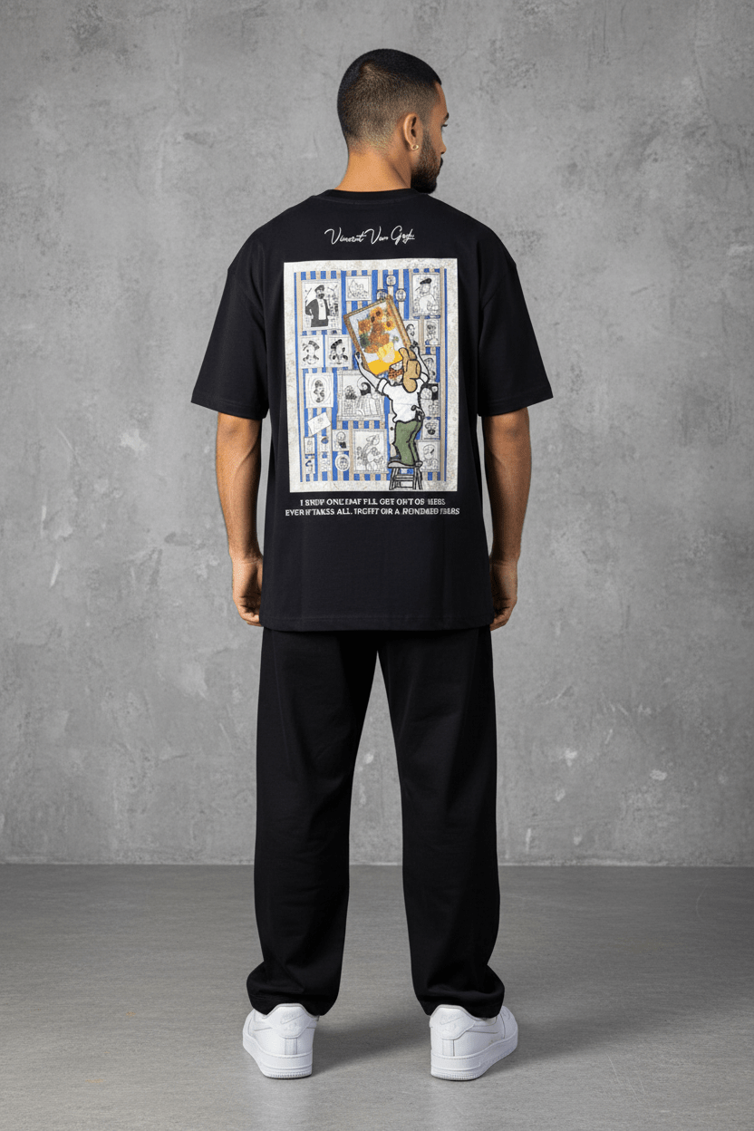T-Shirt noir Oversize "Van Gogh x Tintin" – Patch Artistique 5083 - ZG PREMIUM