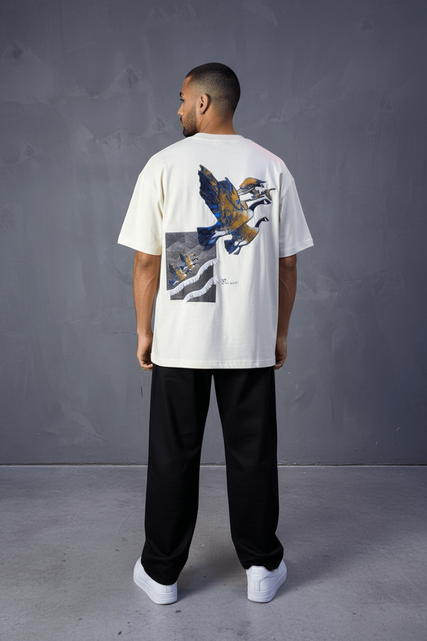 T-Shirt beige Oversize "Flying Eagle" – Broderie Artistique 5077 - ZG PREMIUM