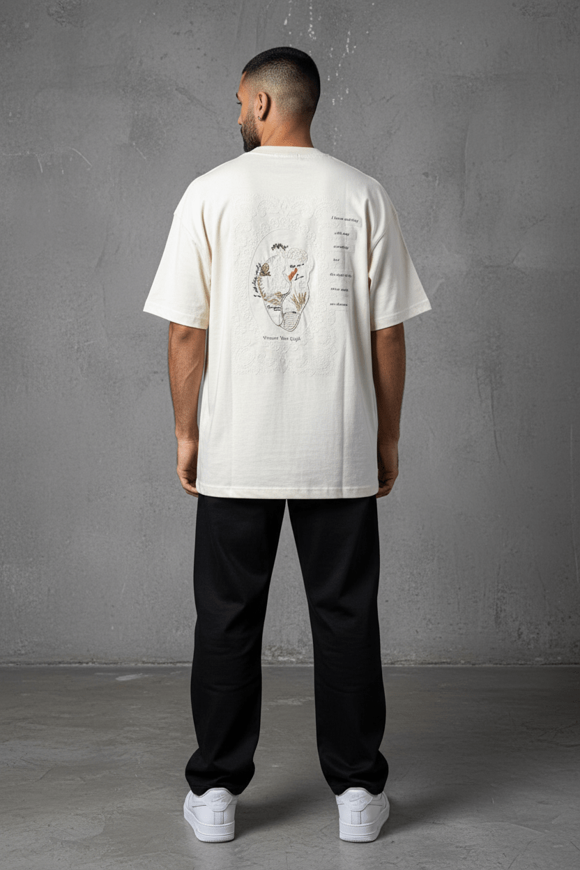 T-Shirt beige Oversize "Van Gogh" – Broderie Artistique Navy 5089 - ZG PREMIUM