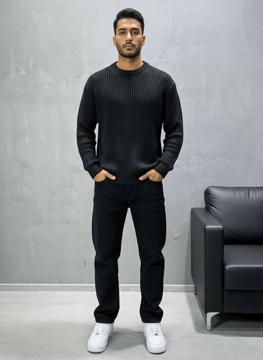 Pull noir Tricot Côtelé 1902 - ZG PREMIUM