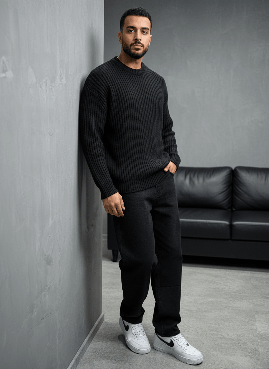 Pull noir Tricot Côtelé 1902 - ZG PREMIUM