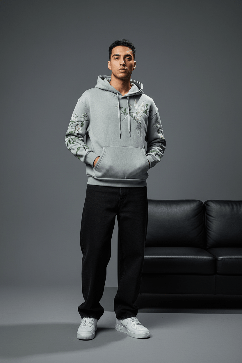 Hoodie régular size gris "Fleurs Japonaise" - ZG PREMIUM