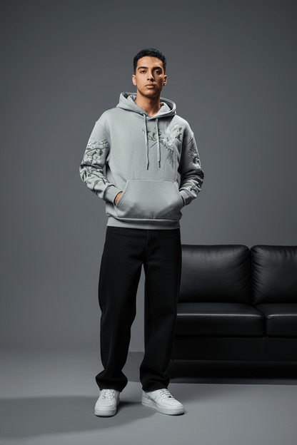 Hoodie régular size gris "Fleurs Japonaise" - ZG PREMIUM