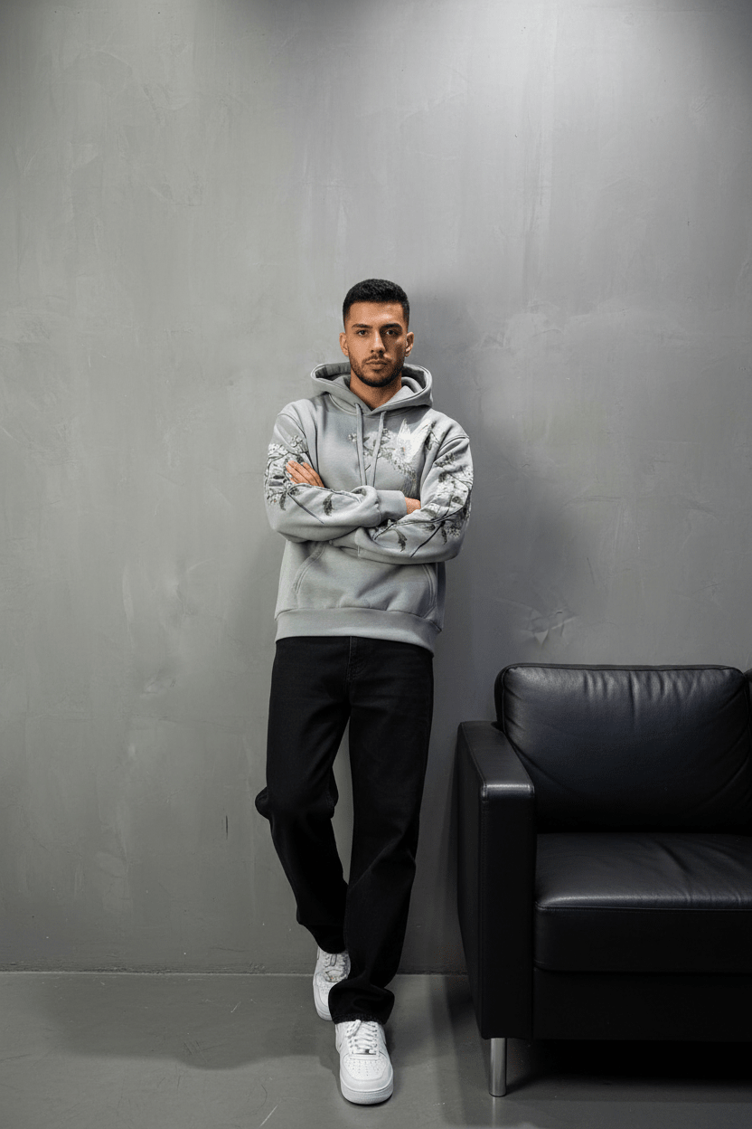 Hoodie régular size gris "Fleurs Japonaise" - ZG PREMIUM