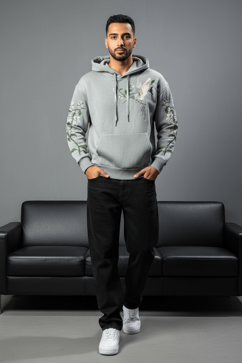 Hoodie régular size gris "Fleurs Japonaise" - ZG PREMIUM
