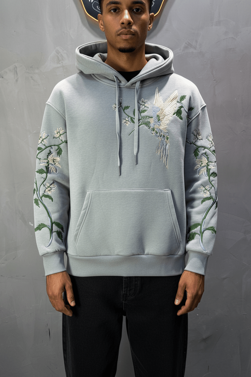 Hoodie régular size gris "Fleurs Japonaise" - ZG PREMIUM