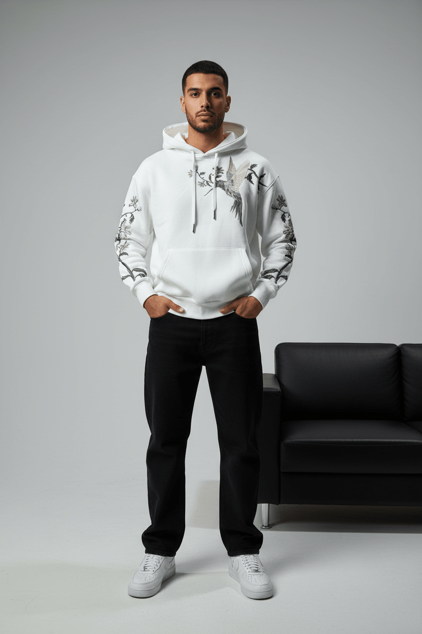 Hoodie régular size blanc"Fleurs Japonaise" - ZG PREMIUM
