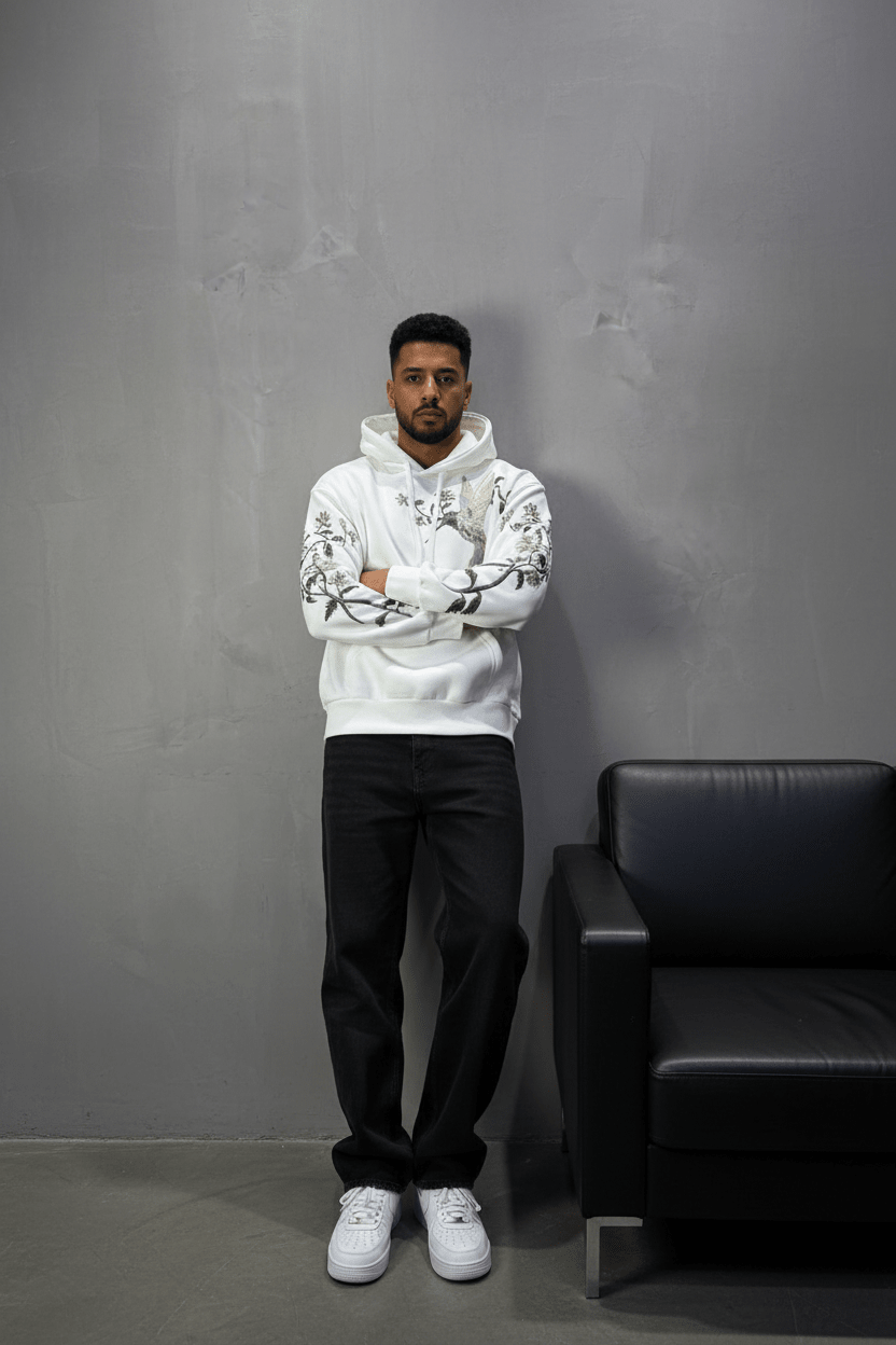 Hoodie régular size blanc"Fleurs Japonaise" - ZG PREMIUM