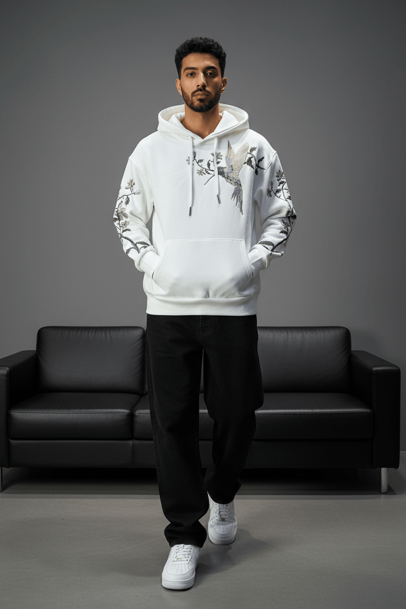 Hoodie régular size blanc"Fleurs Japonaise" - ZG PREMIUM