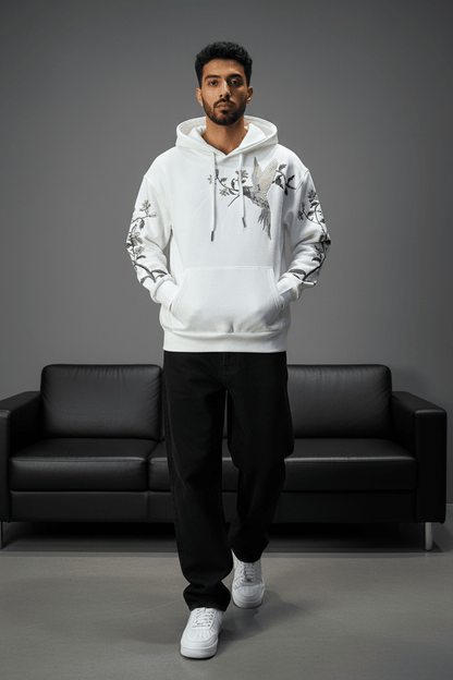 Hoodie régular size blanc"Fleurs Japonaise" - ZG PREMIUM