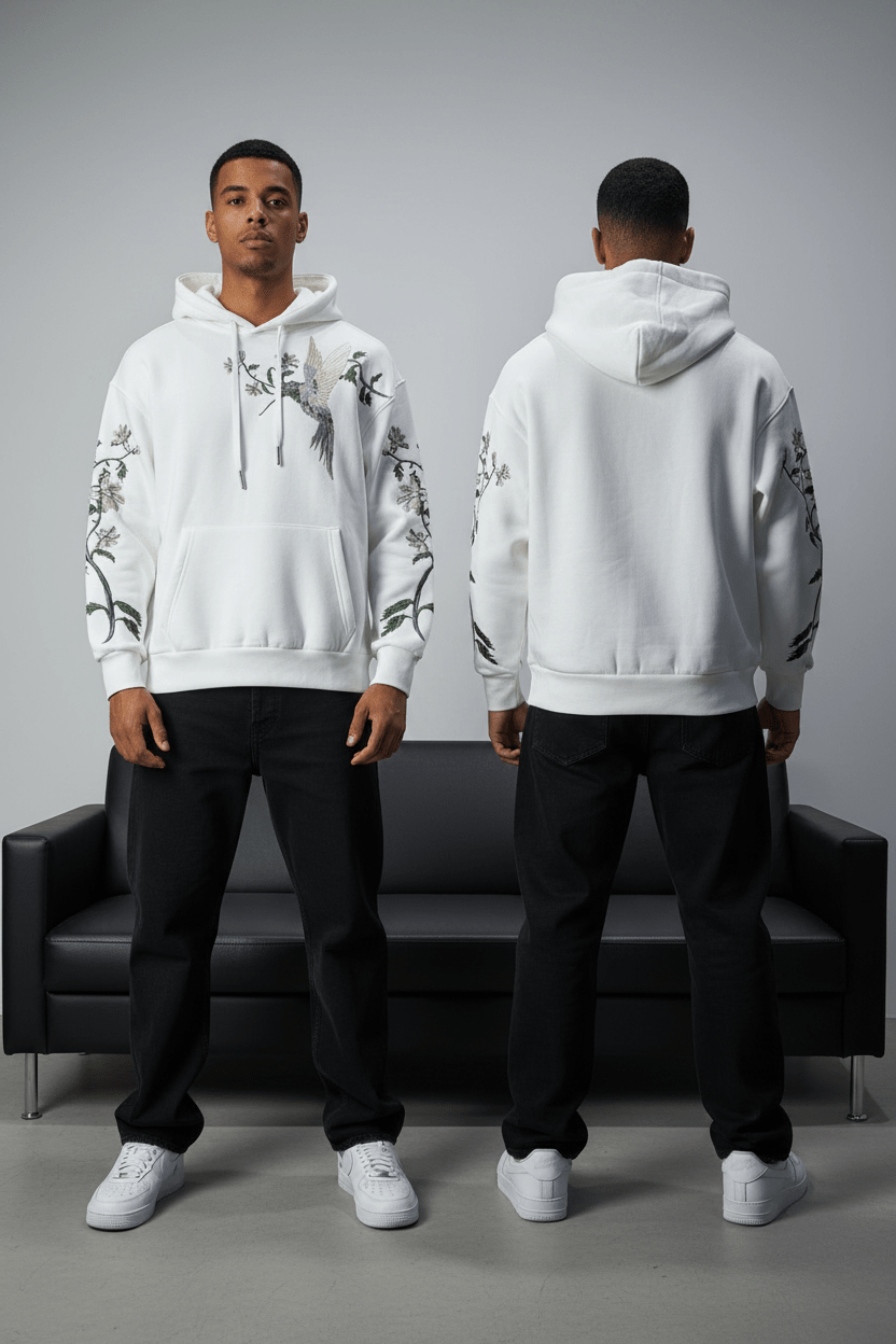 Hoodie régular size blanc"Fleurs Japonaise" - ZG PREMIUM