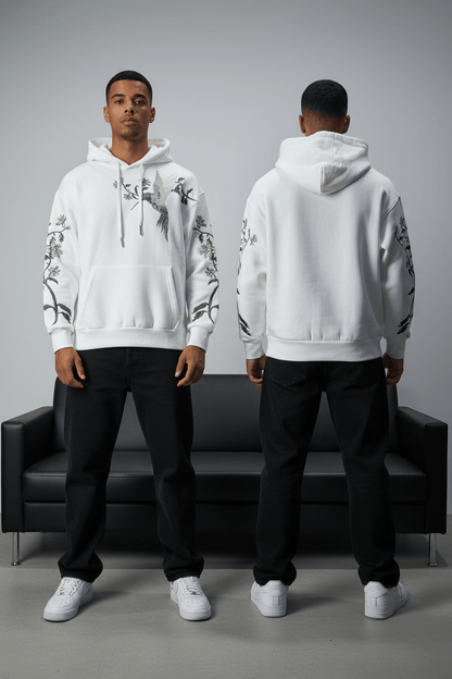 Hoodie régular size blanc"Fleurs Japonaise" - ZG PREMIUM
