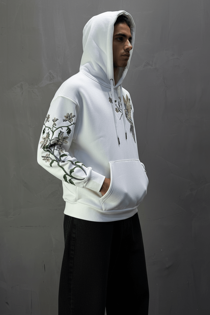 Hoodie régular size blanc"Fleurs Japonaise" - ZG PREMIUM