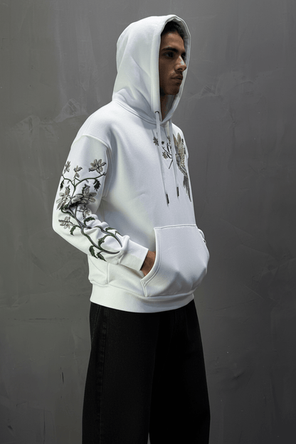 Hoodie régular size blanc"Fleurs Japonaise" - ZG PREMIUM