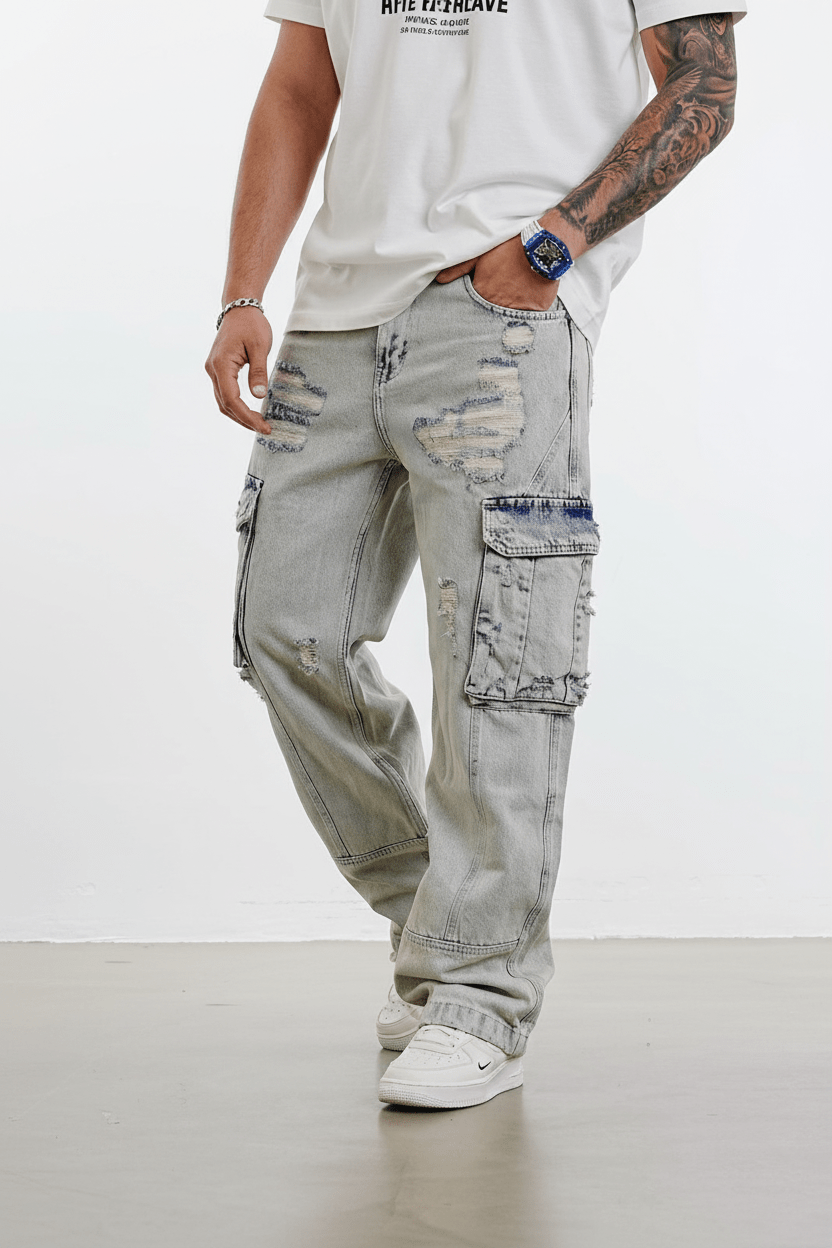 Jean Cargo Large Gris Clair Déchiré ES3141 - ZG PREMIUM