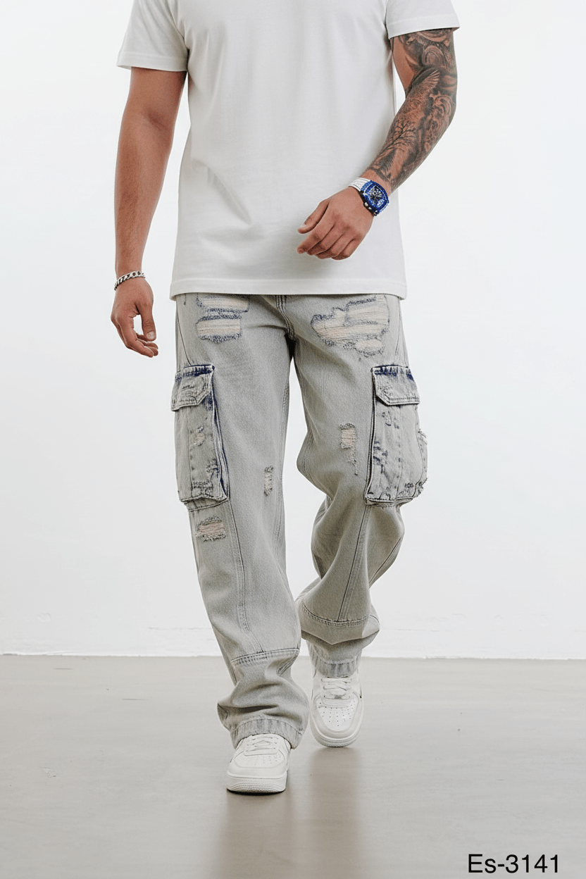 Jean Cargo Large Gris Clair Déchiré ES3141 - ZG PREMIUM