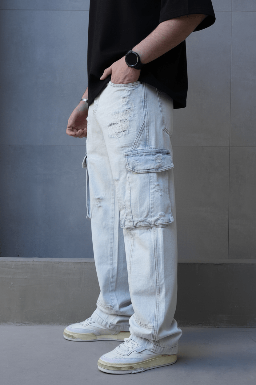 Jeans Cargo Large Bleu Clair Déchiré ES3283 - ZG PREMIUM
