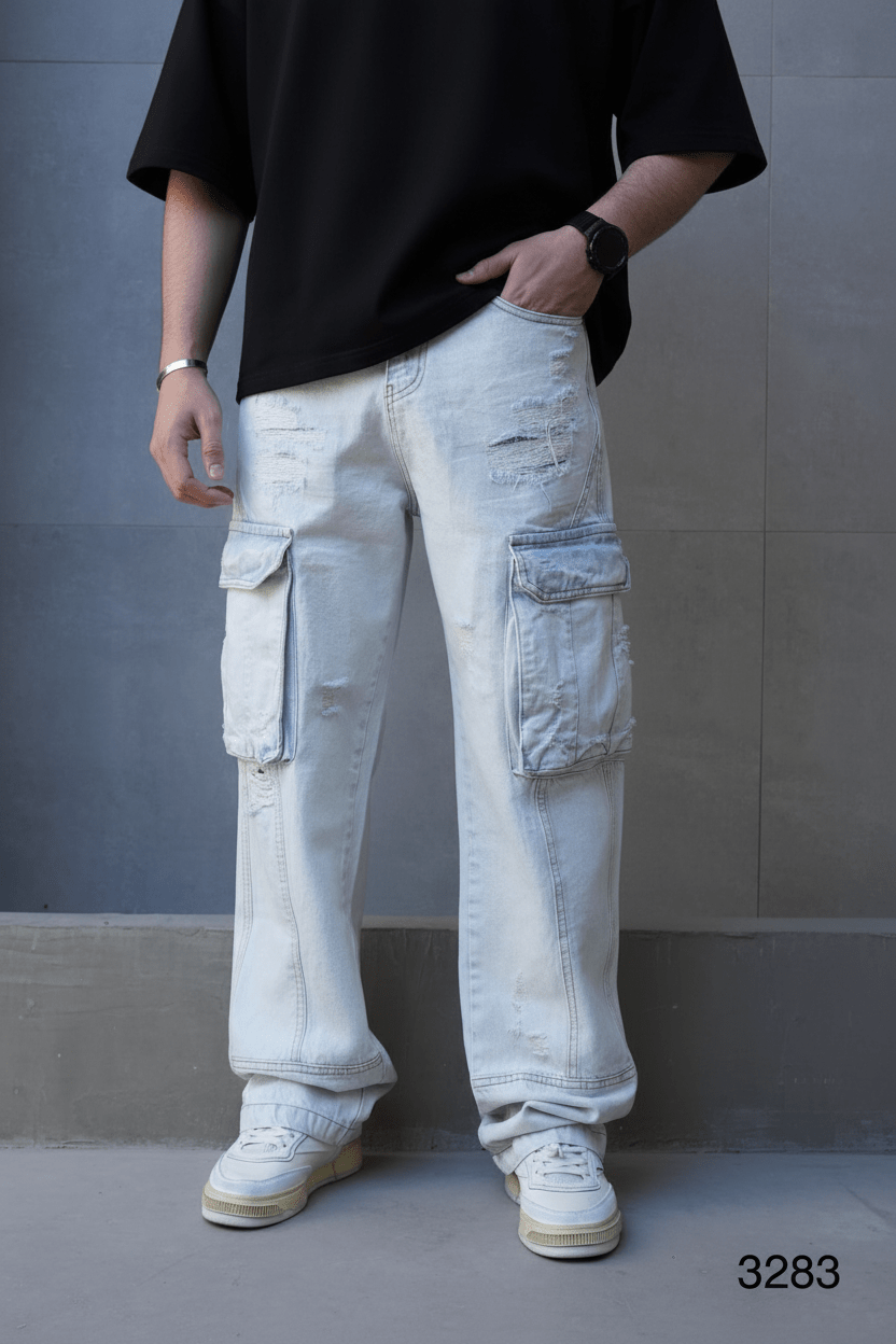 Jeans Cargo Large Bleu Clair Déchiré ES3283 - ZG PREMIUM