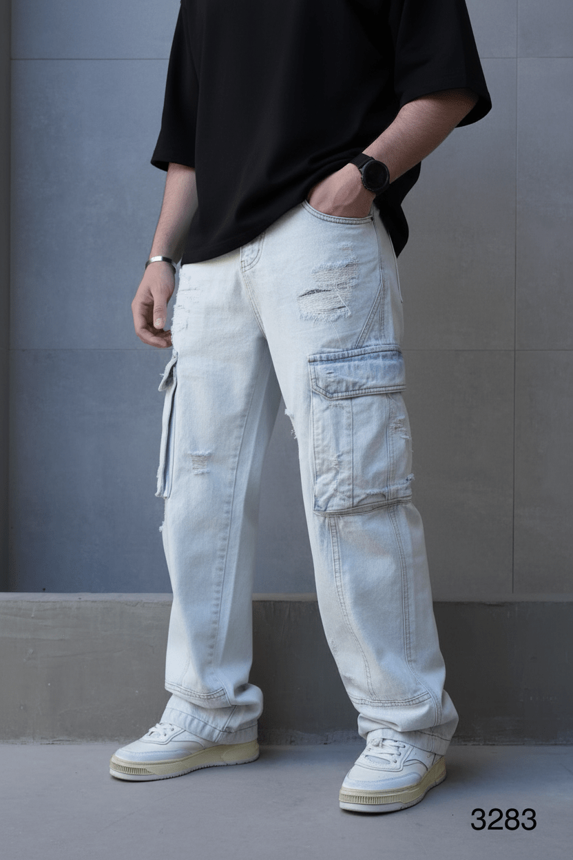Jeans Cargo Large Bleu Clair Déchiré ES3283 - ZG PREMIUM