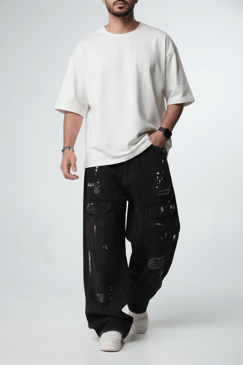 Jeans Cargo Large Noir Déchiré B9801 - ZG PREMIUM