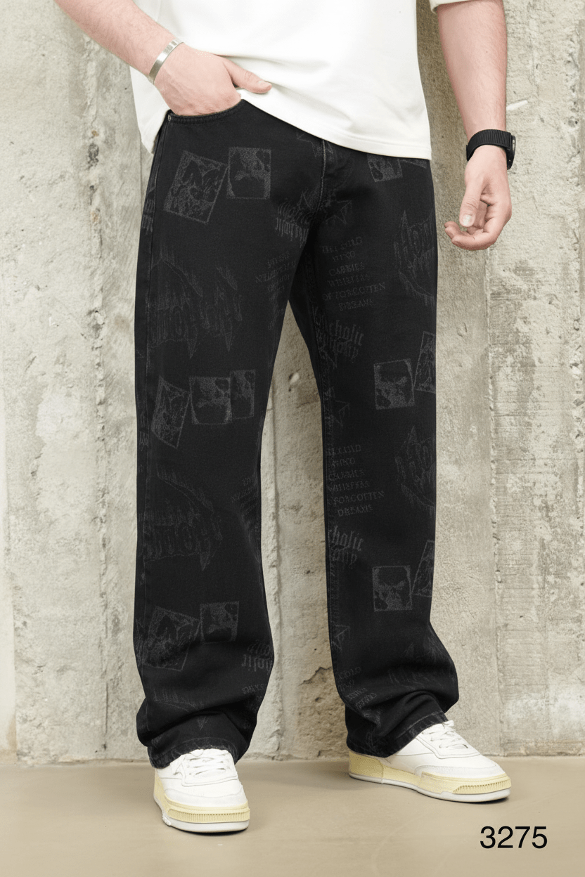 Jeans Large Noir avec Imprimé Graphique Tonal ES3275 - ZG PREMIUM