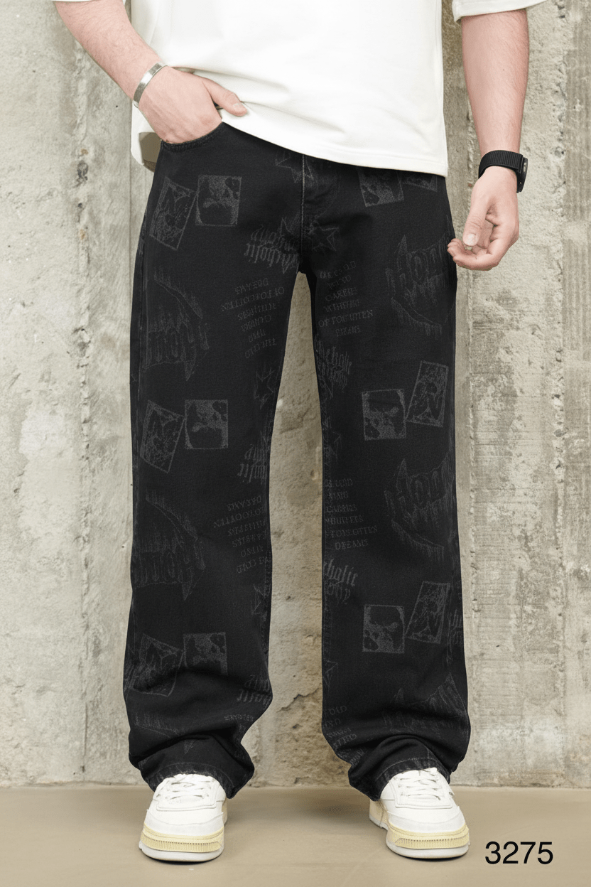 Jeans Large Noir avec Imprimé Graphique Tonal ES3275 - ZG PREMIUM
