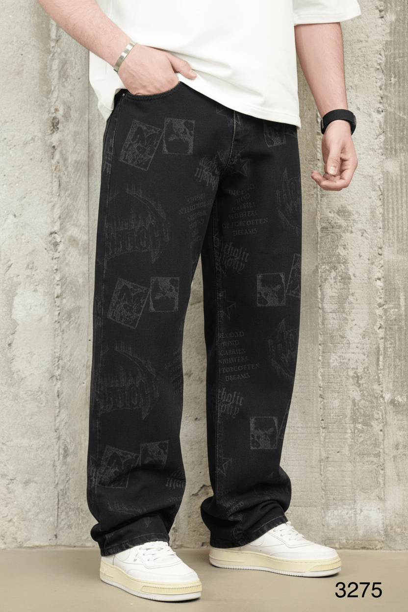Jeans Large Noir avec Imprimé Graphique Tonal ES3275 - ZG PREMIUM