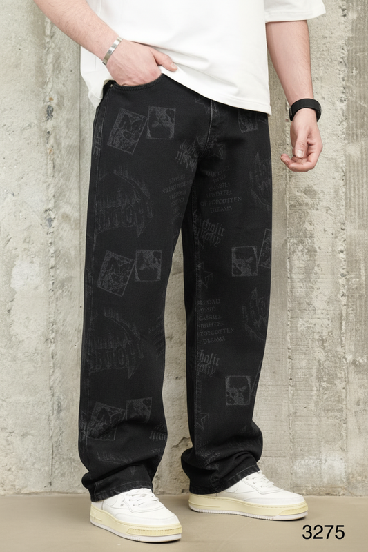 Jeans Large Noir avec Imprimé Graphique Tonal ES3275