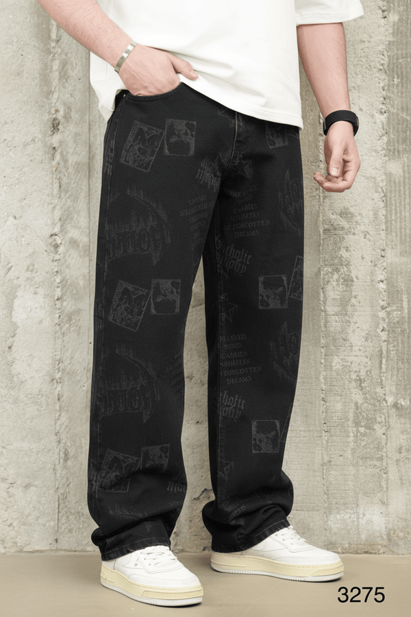Jeans Large Noir avec Imprimé Graphique Tonal ES3275