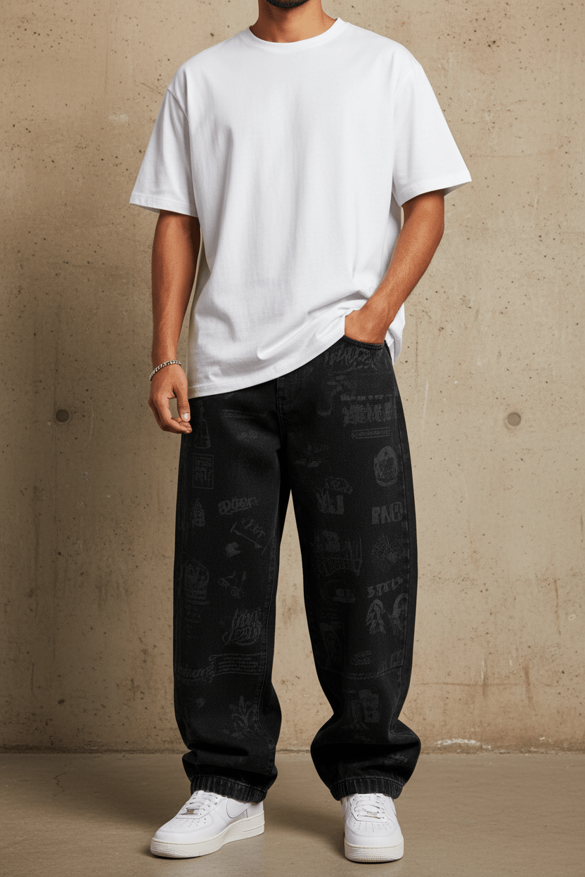 Jeans Large Noir avec Imprimé Graphique Tonal ES3275 - ZG PREMIUM