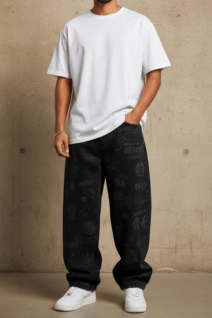 Jeans Large Noir avec Imprimé Graphique Tonal ES3275 - ZG PREMIUM