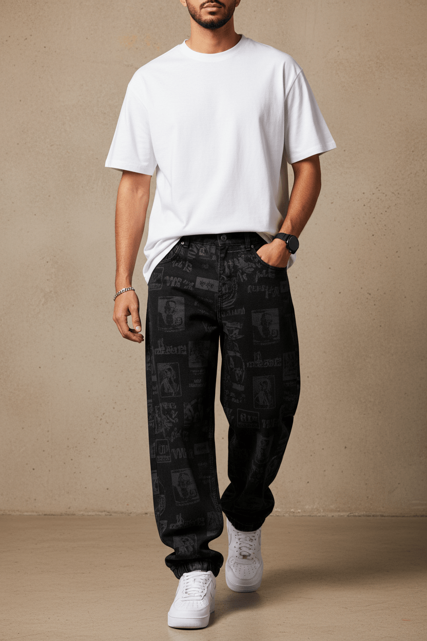 Jeans Large Noir avec Imprimé Graphique Tonal ES3275 - ZG PREMIUM