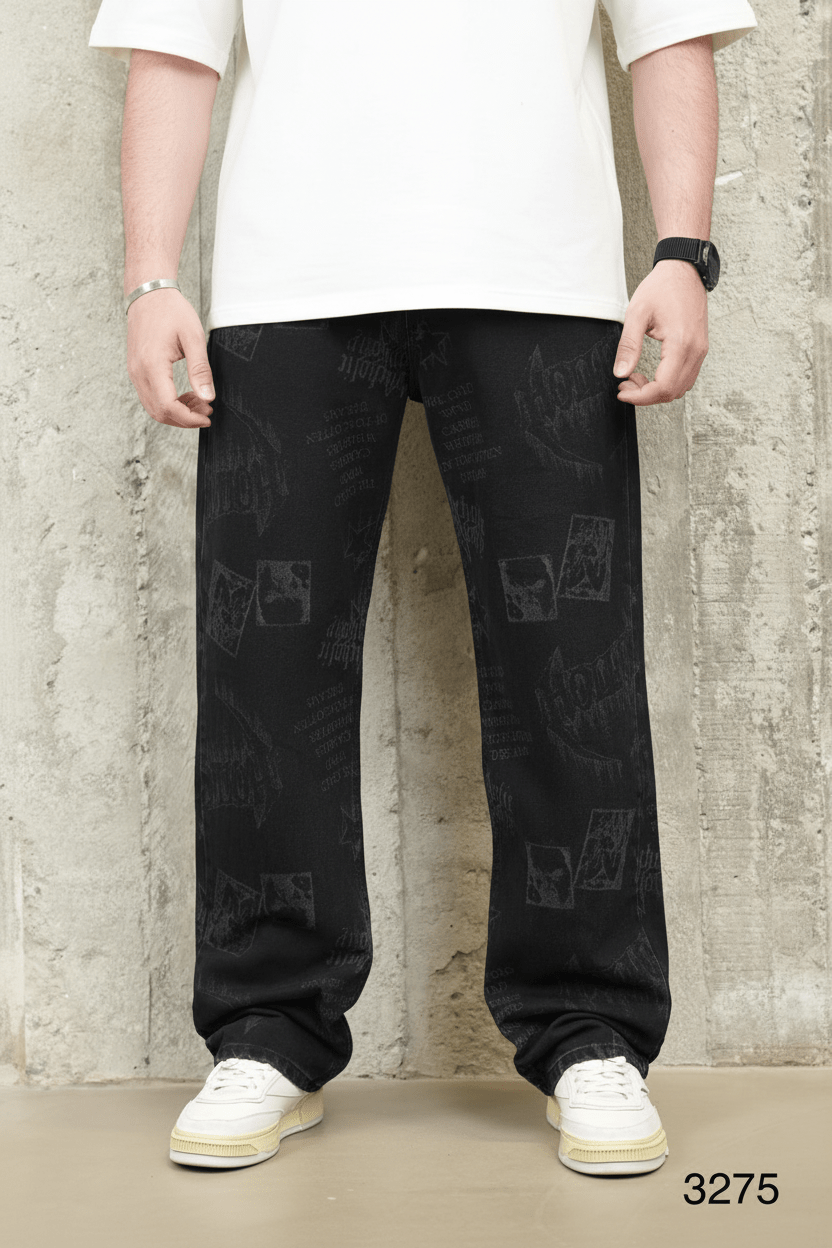 Jeans Large Noir avec Imprimé Graphique Tonal ES3275 - ZG PREMIUM
