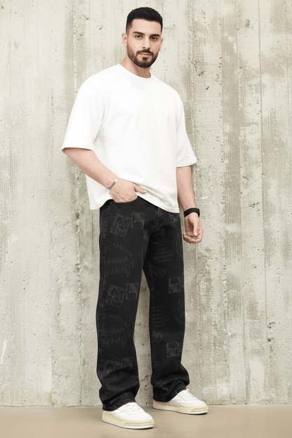 Jeans Large Noir avec Imprimé Graphique Tonal ES3275 - ZG PREMIUM