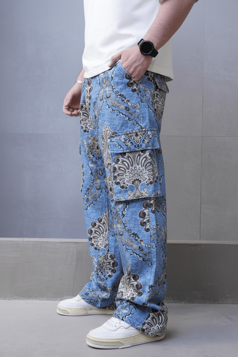 Jeans Cargo Large Bleu avec Imprimé Baroque ES3278 - ZG PREMIUM