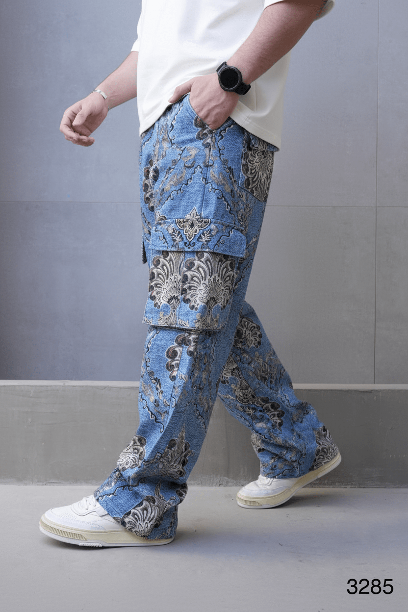 Jeans Cargo Large Bleu avec Imprimé Baroque ES3278 - ZG PREMIUM