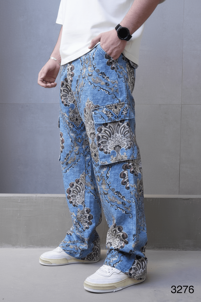 Jeans Cargo Large Bleu avec Imprimé Baroque ES3278 - ZG PREMIUM