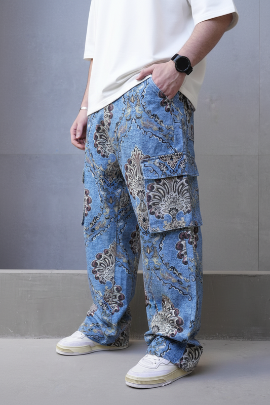 Jeans Cargo Large Bleu avec Imprimé Baroque ES3278