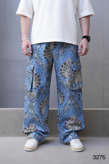 Jeans Cargo Large Bleu avec Imprimé Baroque ES3278