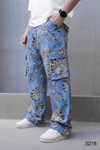 Jeans Cargo Large Bleu avec Imprimé Baroque ES3278 - ZG PREMIUM