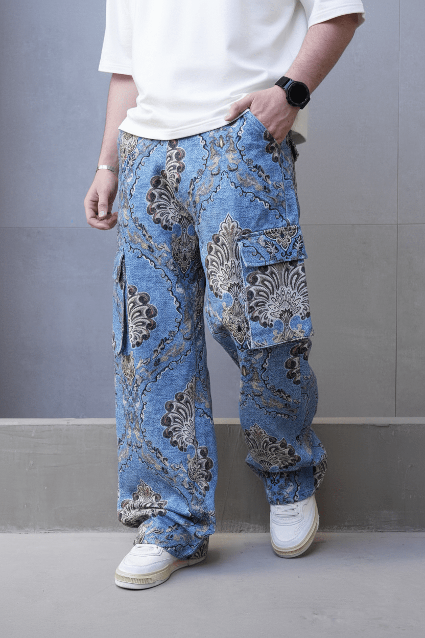 Jeans Cargo Large Bleu avec Imprimé Baroque ES3278 - ZG PREMIUM