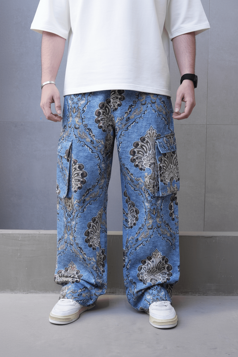 Jeans Cargo Large Bleu avec Imprimé Baroque ES3278 - ZG PREMIUM